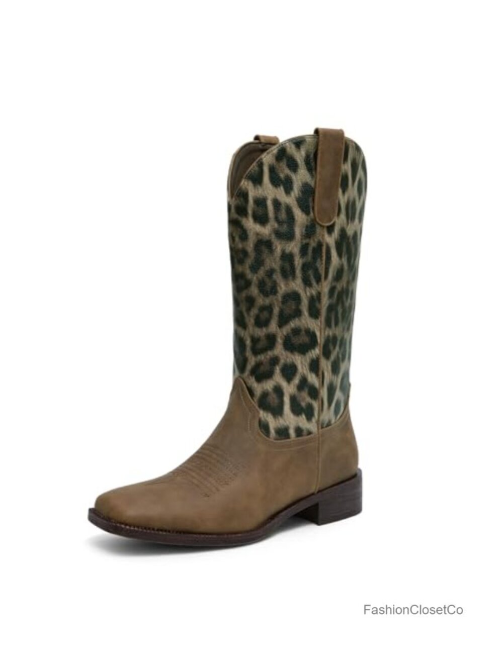 Cowgirl Boots Mid Calf Square Toe Chunky Low Heel Leopard Print Embroidered